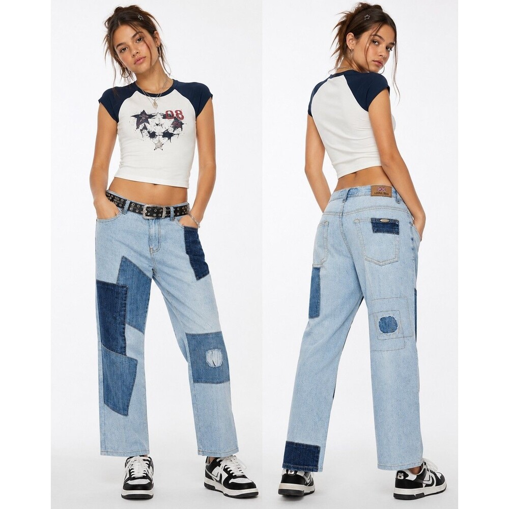 London Blue Patchwork Jeans Juniors 11/12 Y2K Grunge Distressed Stretch NWOT